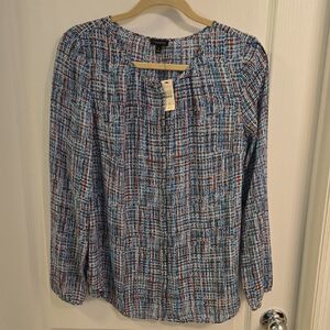 Talbots Blue and White Puff Sleeve Blouse Relaxed Style Size Medium